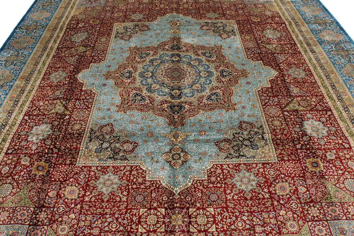 9x13 Red and Blue Turkish Silk Rug