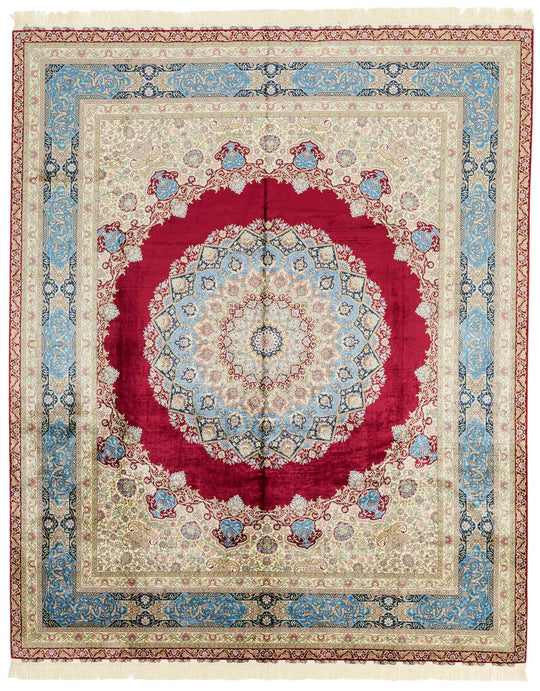 8x10 Red and Blue Turkish Silk Rug