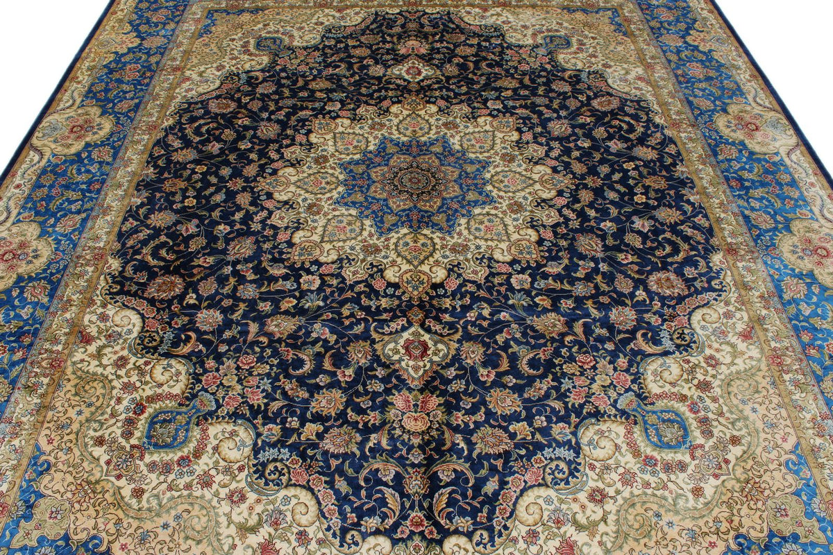 8x10 Navy and Blue Turkish Silk Rug