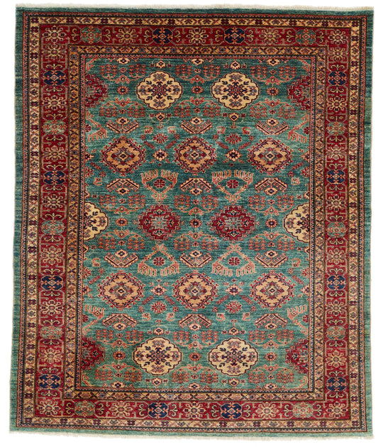 7x8 Green and Red Kazak Tribal Rug