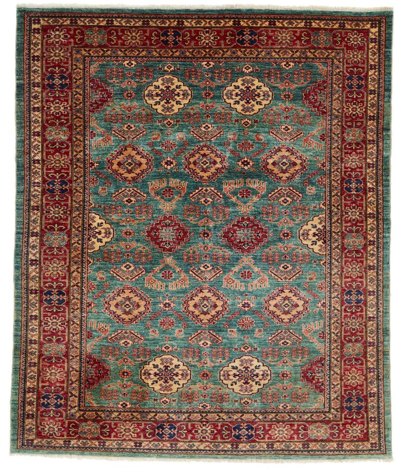 7x8 Green and Red Kazak Tribal Rug
