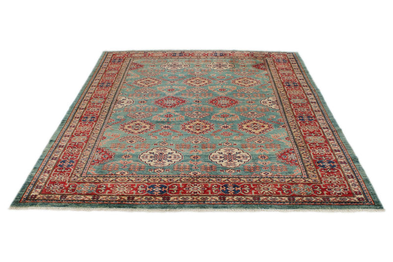 7x8 Green and Red Kazak Tribal Rug