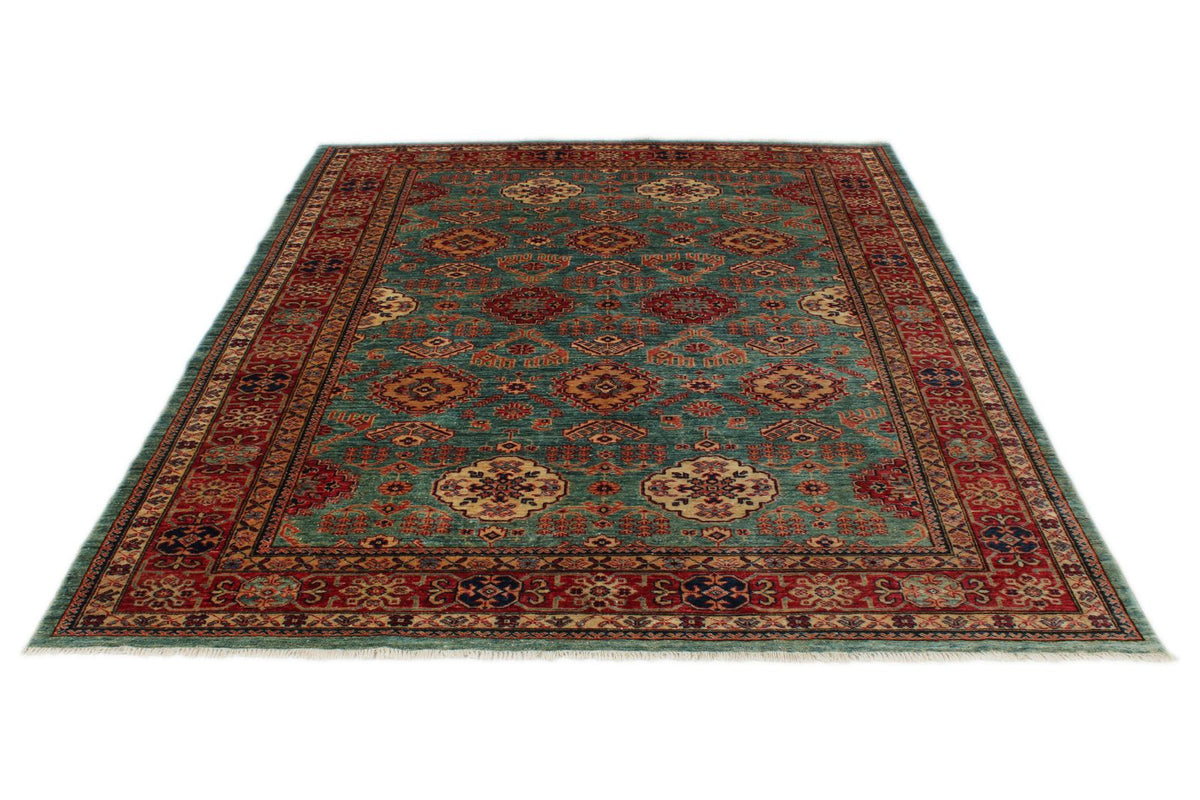 7x8 Green and Red Kazak Tribal Rug