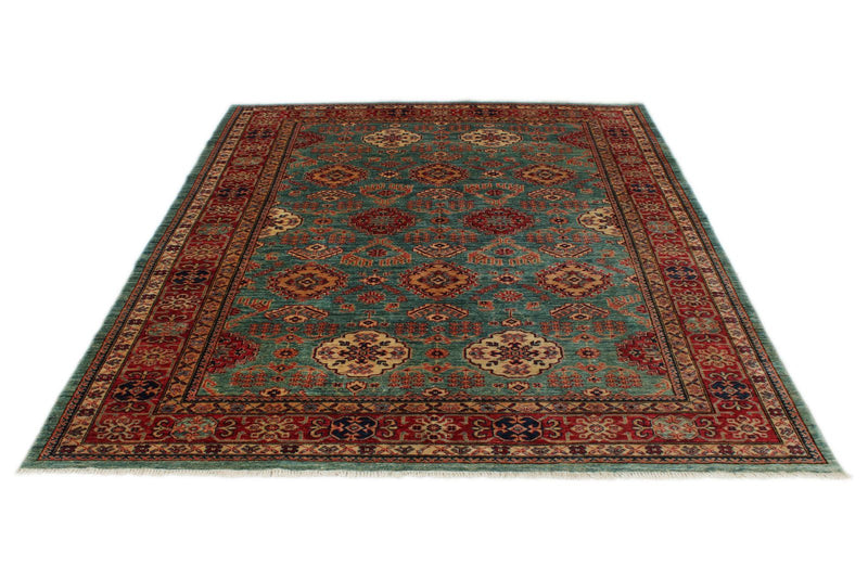 7x8 Green and Red Kazak Tribal Rug