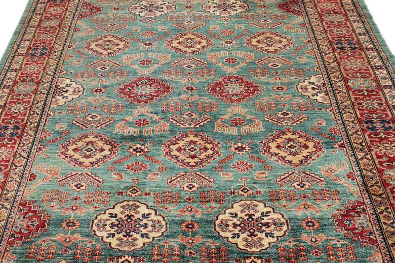 7x8 Green and Red Kazak Tribal Rug