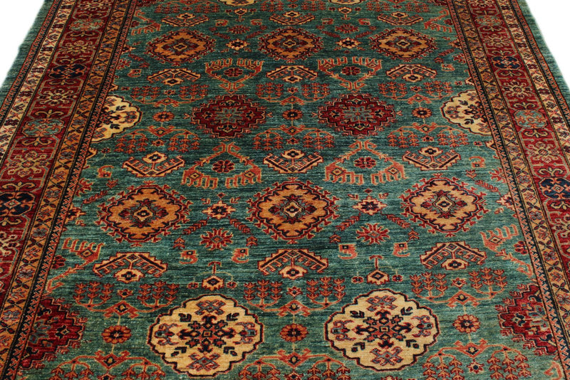 7x8 Green and Red Kazak Tribal Rug