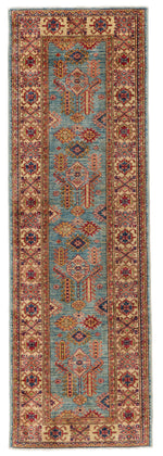 3x8 Blue and Ivory Kazak Tribal Runner