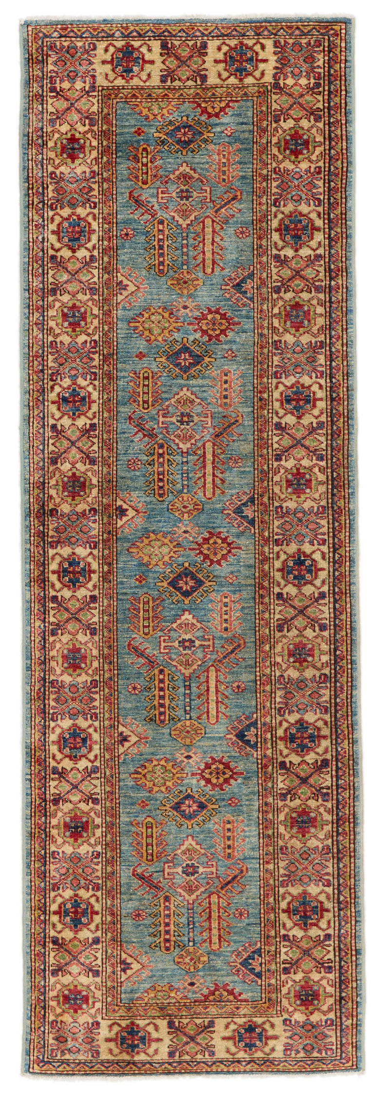 3x8 Blue and Ivory Kazak Tribal Runner
