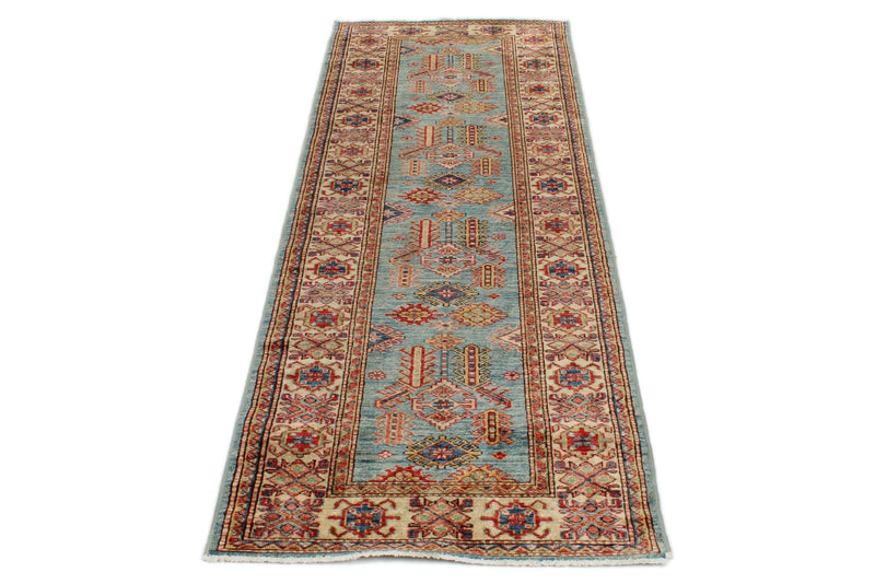 3x8 Blue and Ivory Kazak Tribal Runner