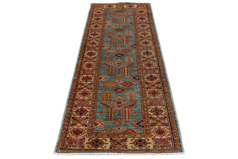 3x8 Blue and Ivory Kazak Tribal Runner
