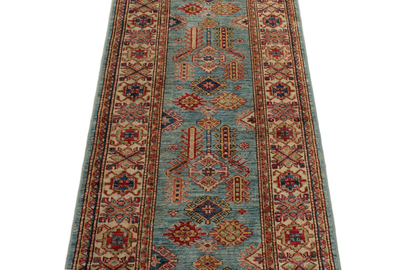 3x8 Blue and Ivory Kazak Tribal Runner