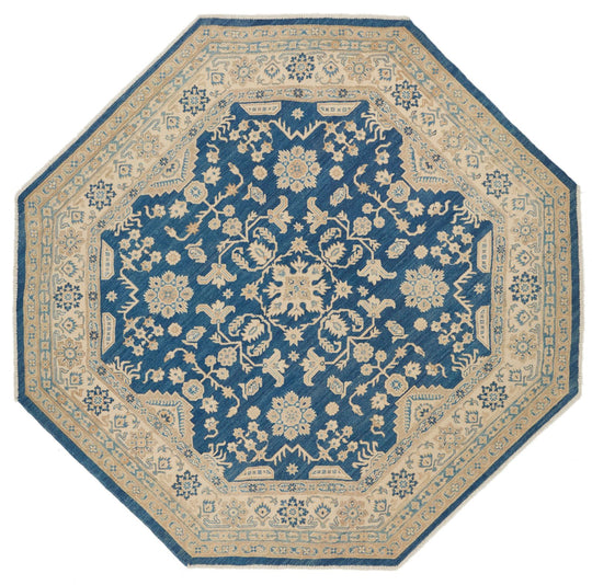 8x8 Blue and Ivory Turkish Oushak Rug