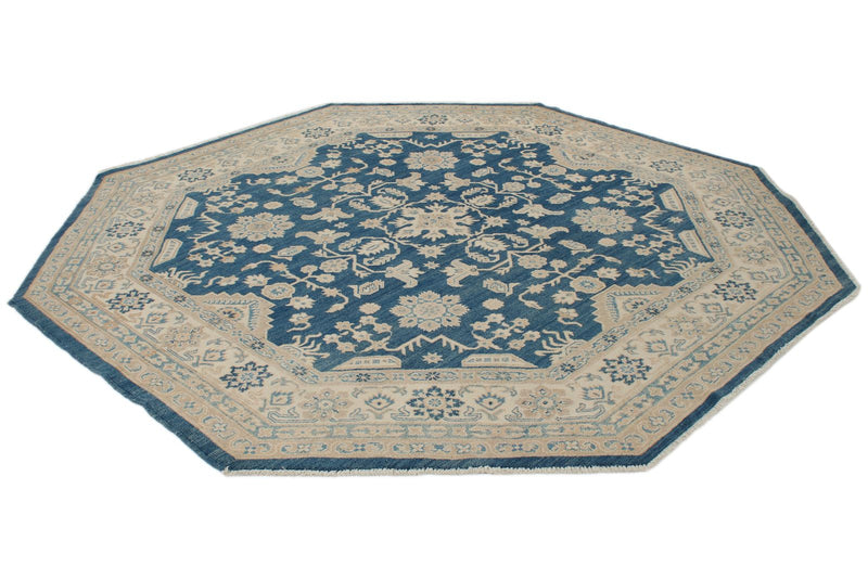 8x8 Blue and Ivory Turkish Oushak Rug