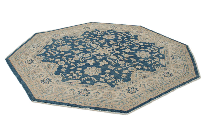 8x8 Blue and Ivory Turkish Oushak Rug