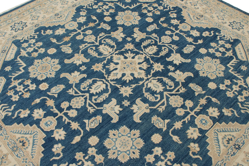 8x8 Blue and Ivory Turkish Oushak Rug