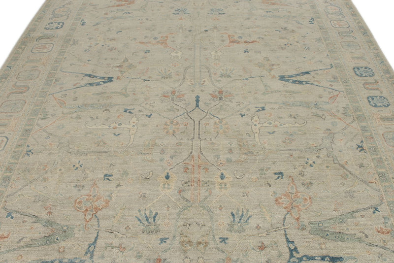 8x10 Ivory and Multicolor Turkish Oushak Rug