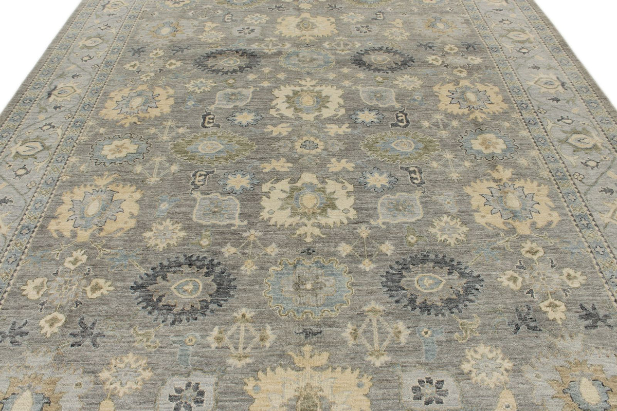 9x12 Light Gray and Light Blue Turkish Oushak Rug