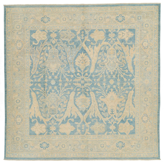 8x8 Blue and Ivory Turkish Oushak Rug