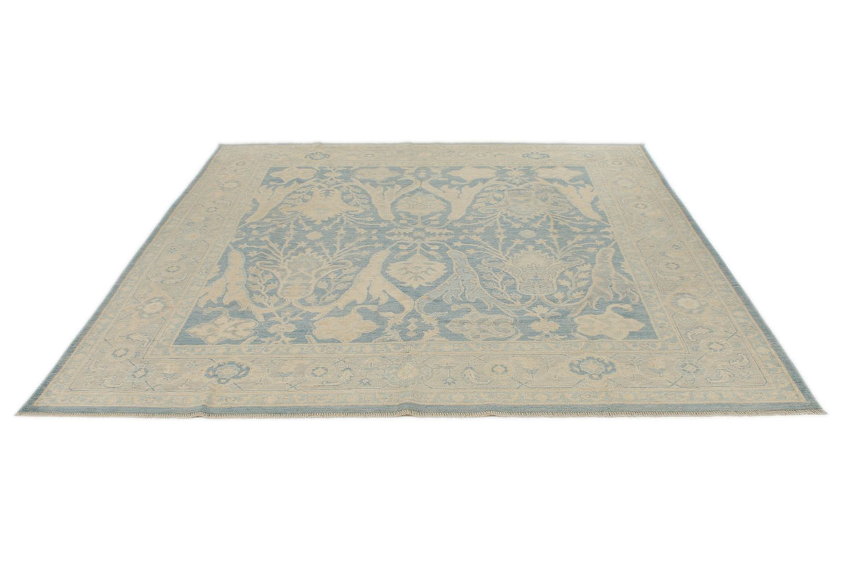 8x8 Blue and Ivory Turkish Oushak Rug
