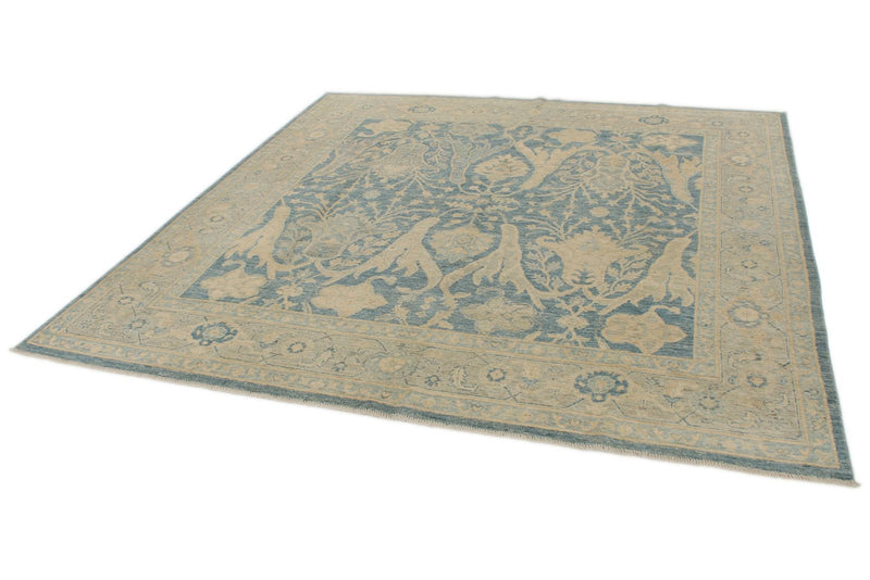 8x8 Blue and Ivory Turkish Oushak Rug