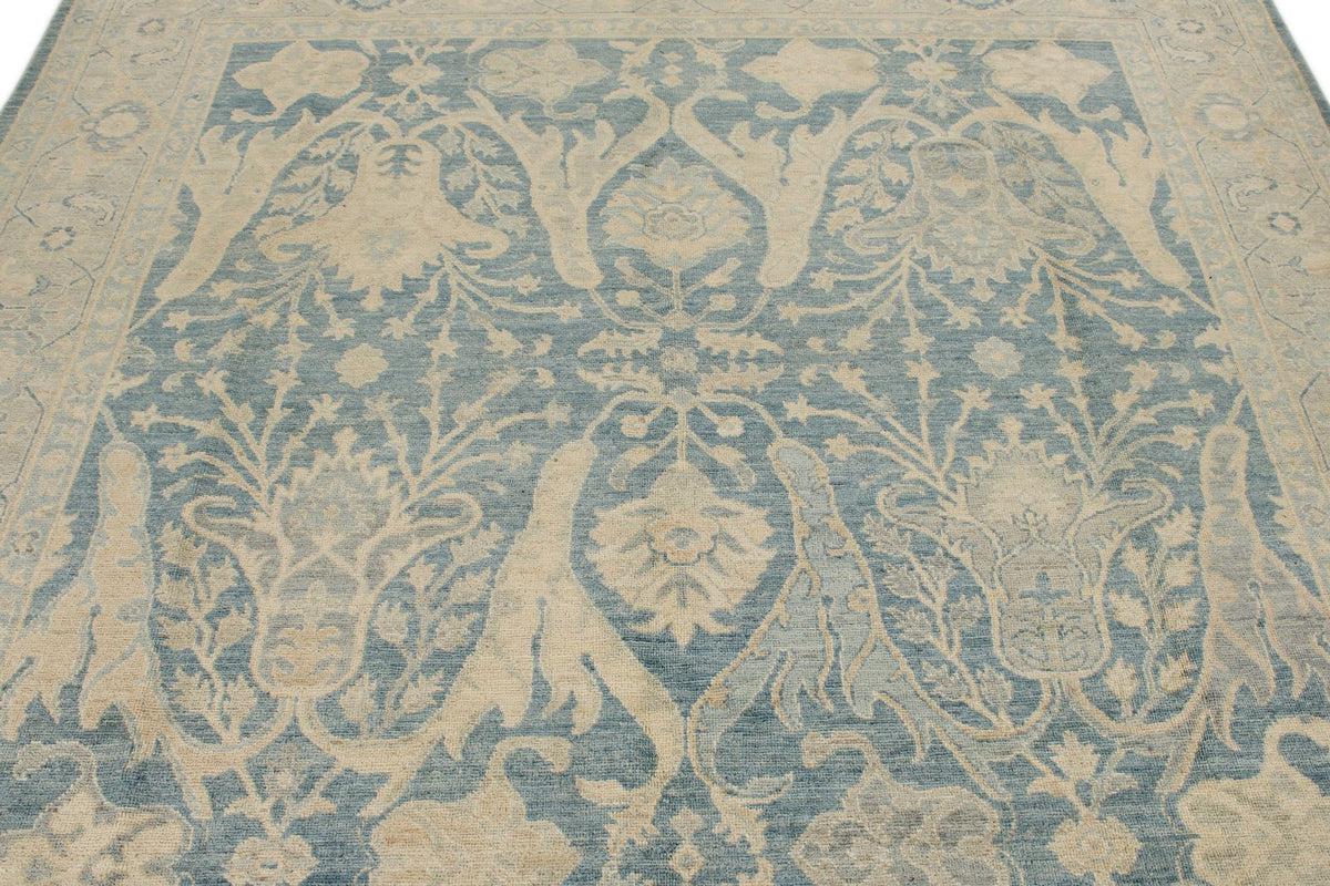 8x8 Blue and Ivory Turkish Oushak Rug