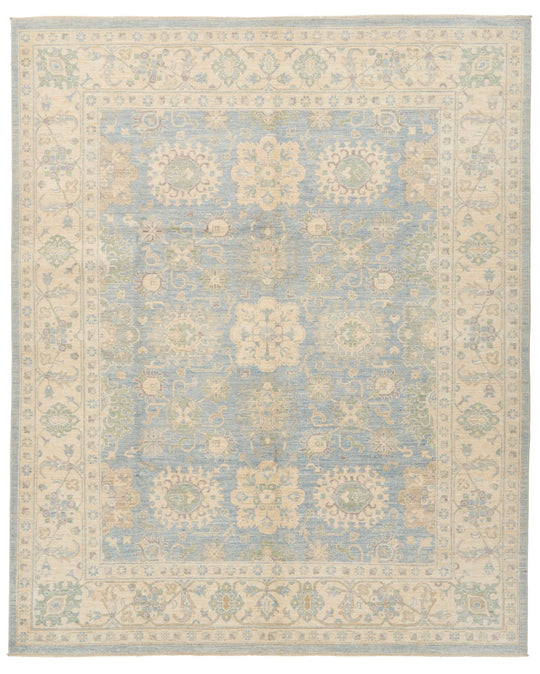 8x10 Blue and Ivory Turkish Oushak Rug