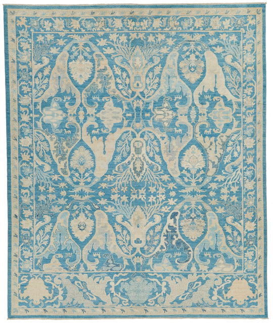 8x10 Blue and Ivory Turkish Oushak Rug