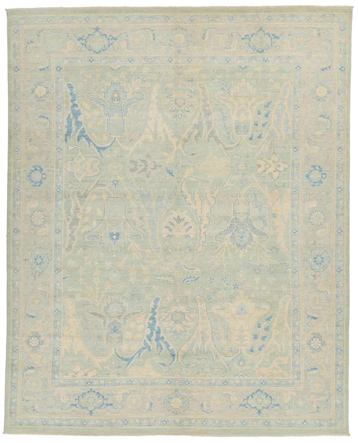 8x10 Light Olive Green and Ivory Turkish Oushak Rug