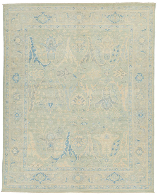 8x10 Light Olive Green and Ivory Turkish Oushak Rug