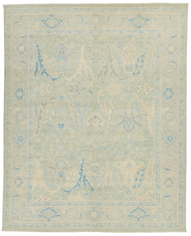 8x10 Light Olive Green and Ivory Turkish Oushak Rug