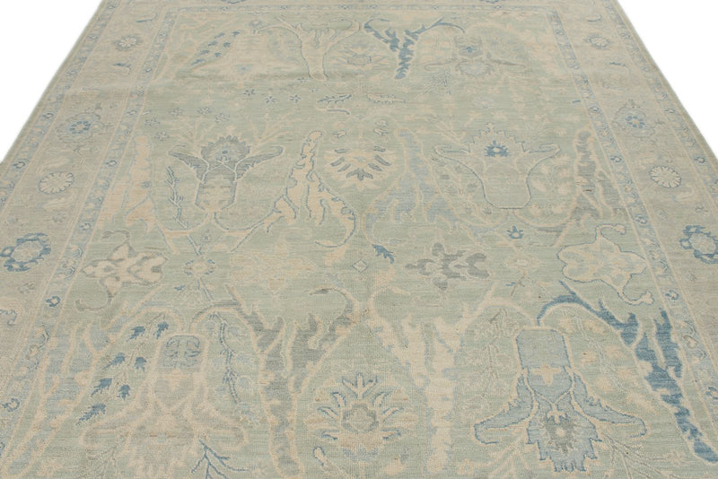 8x10 Light Olive Green and Ivory Turkish Oushak Rug