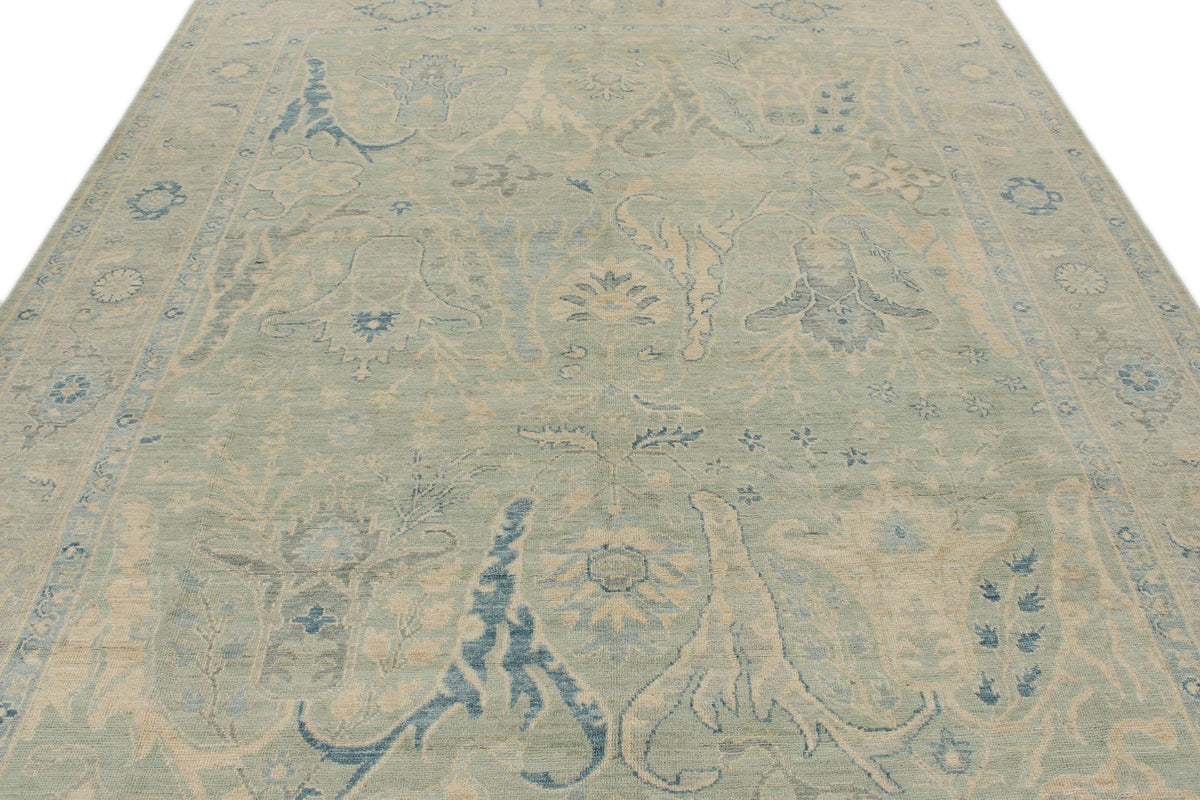 8x10 Light Olive Green and Ivory Turkish Oushak Rug