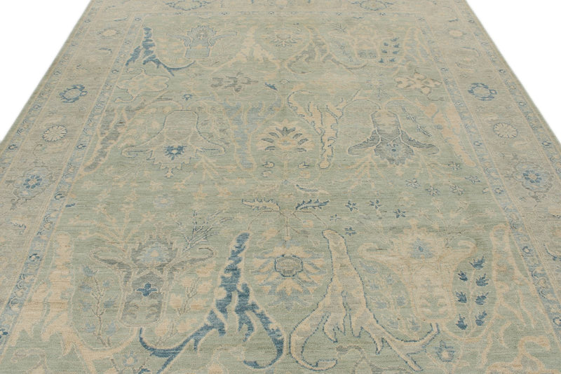8x10 Light Olive Green and Ivory Turkish Oushak Rug