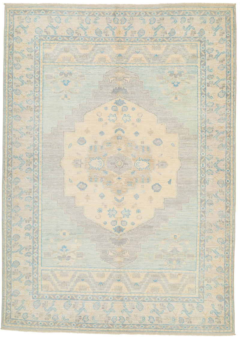 6x8 Blue and Beige Turkish Oushak Rug