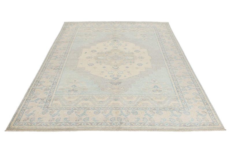 6x8 Blue and Beige Turkish Oushak Rug