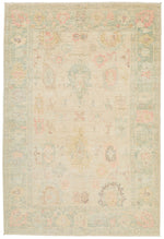 6x9 Green and Beige Turkish Oushak Rug