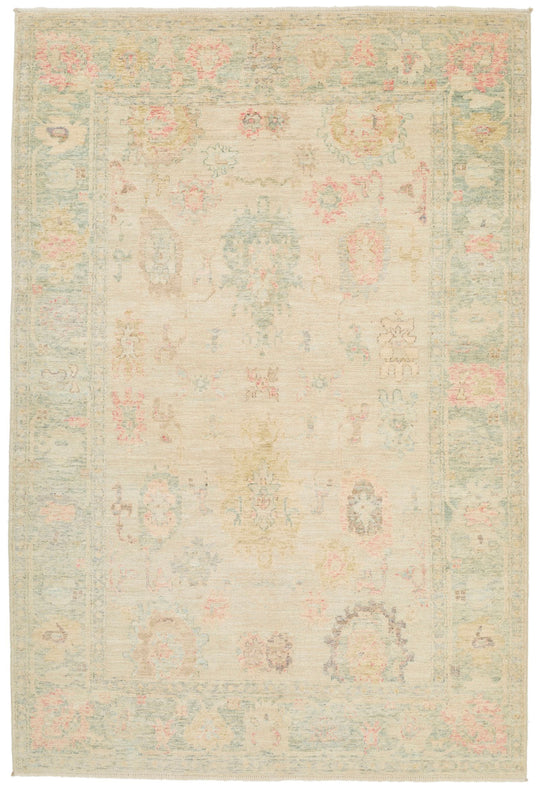 6x9 Green and Beige Turkish Oushak Rug
