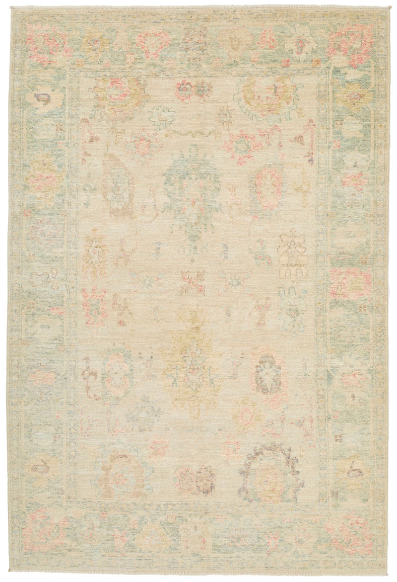 6x9 Green and Beige Turkish Oushak Rug