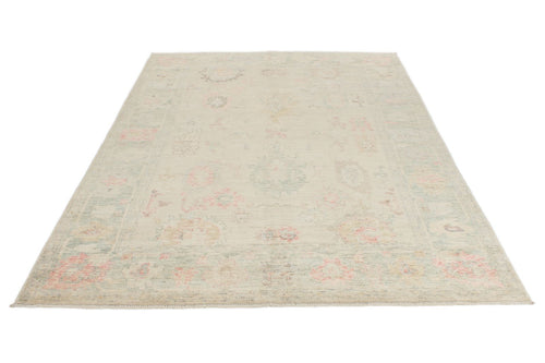 6x9 Green and Beige Turkish Oushak Rug