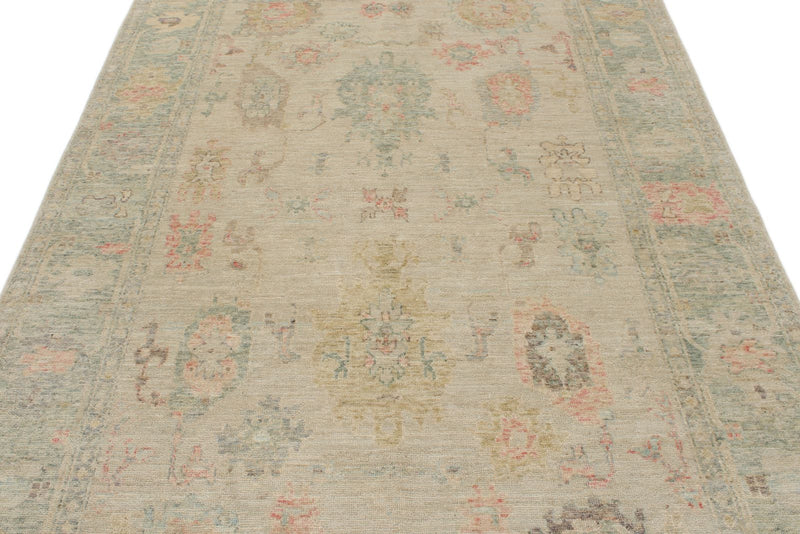 6x9 Green and Beige Turkish Oushak Rug