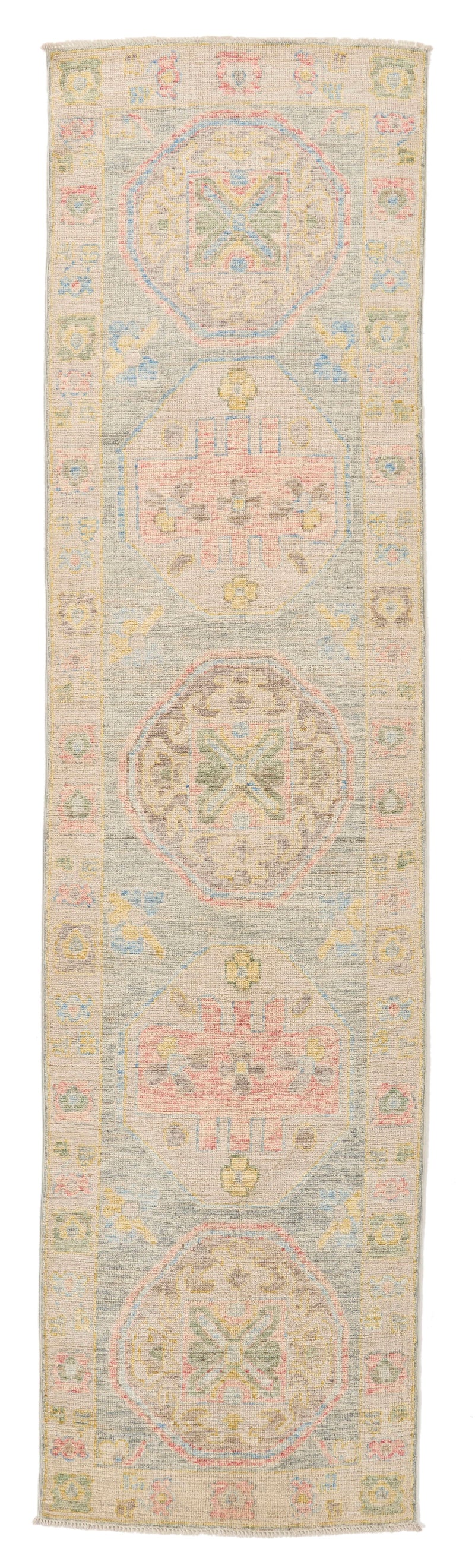 3x10 Light Blue and Beige Turkish Oushak Runner