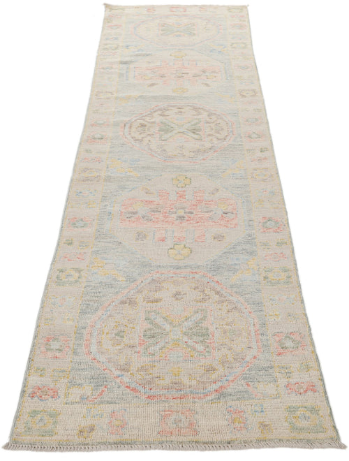 3x10 Light Blue and Beige Turkish Oushak Runner