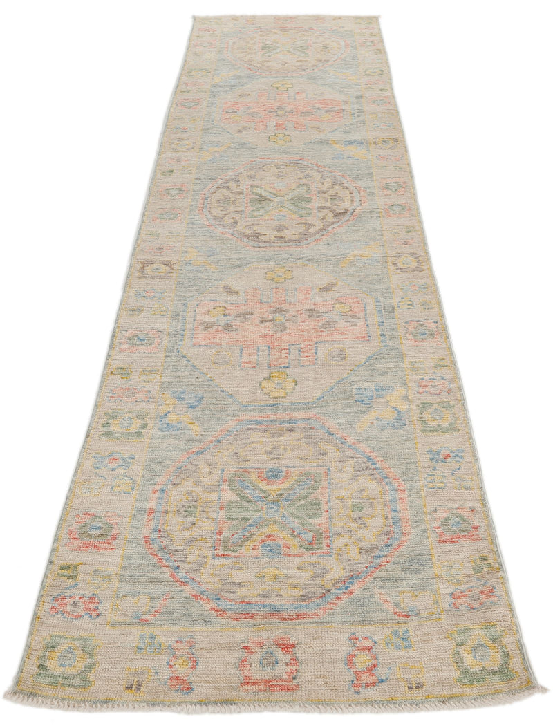 3x10 Light Blue and Beige Turkish Oushak Runner