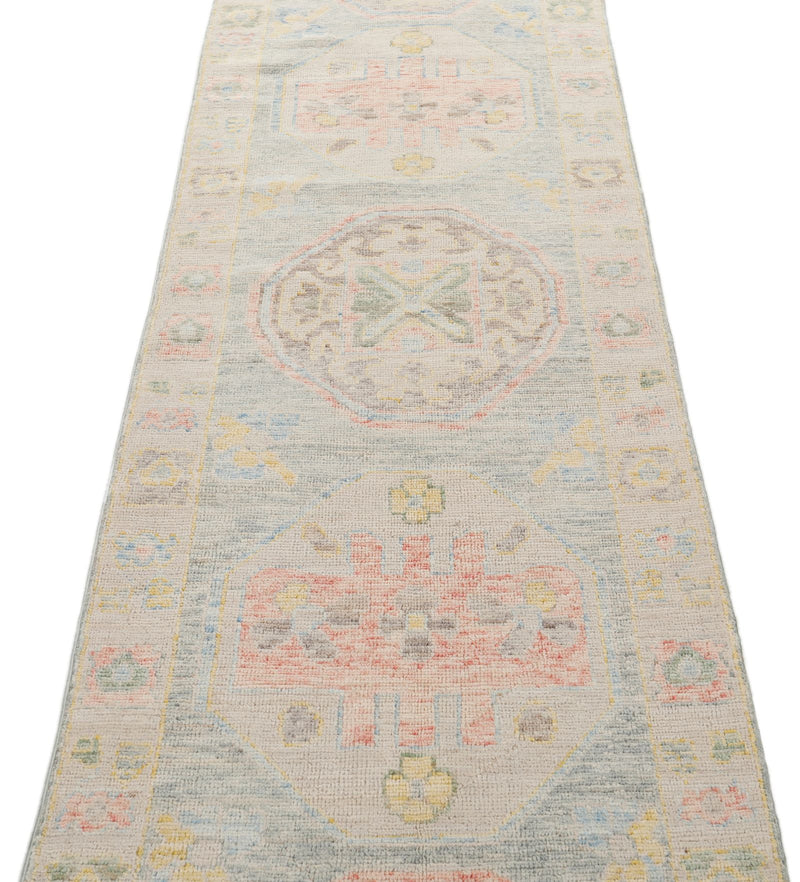 3x10 Light Blue and Beige Turkish Oushak Runner