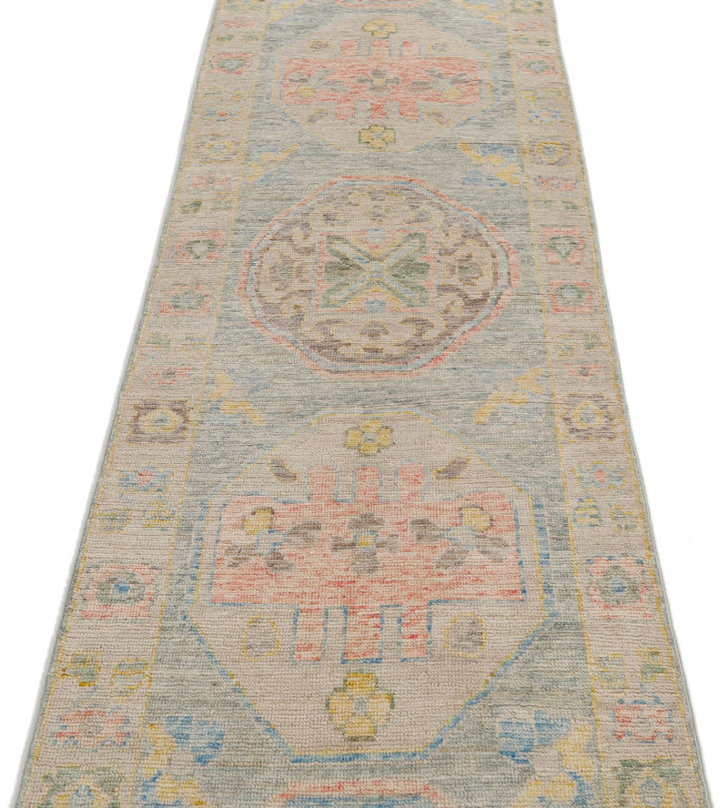 3x10 Light Blue and Beige Turkish Oushak Runner