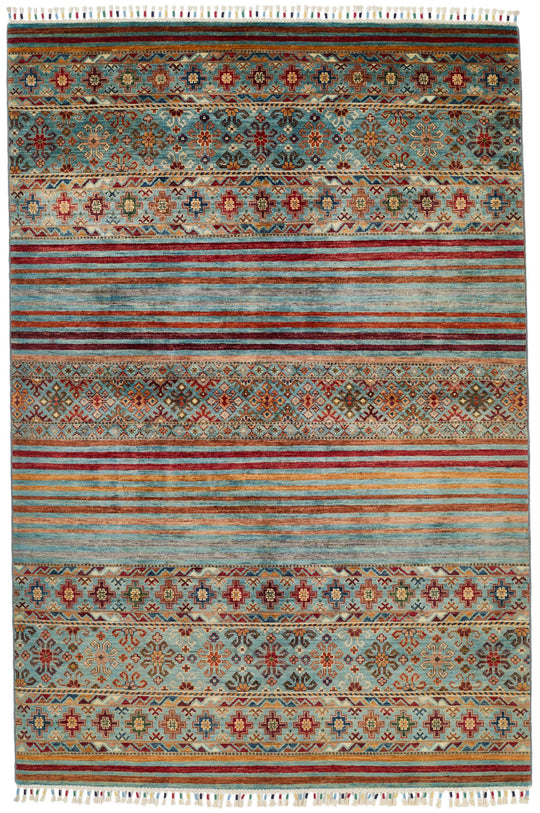 6x8 Light Blue and Multicolor Tribal Rug