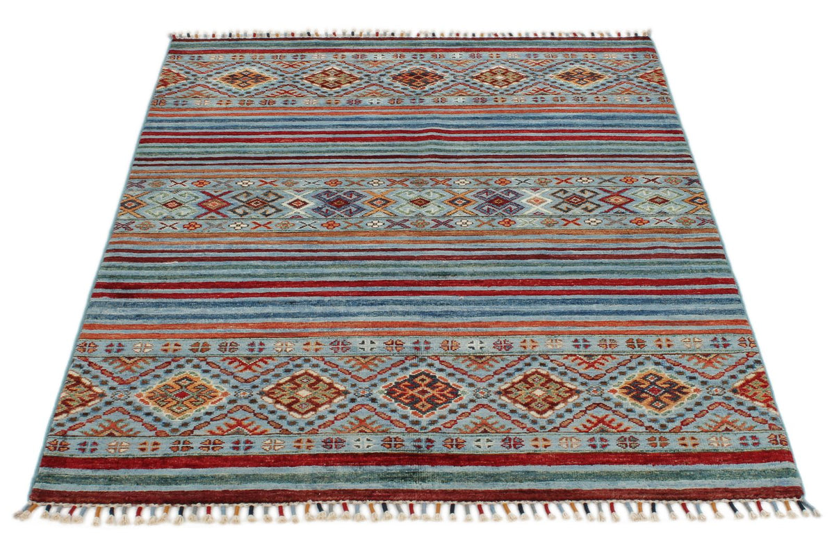4x5 Blue and Multicolor Tribal Rug