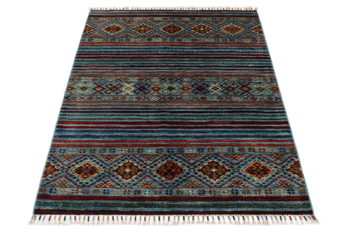4x5 Blue and Multicolor Tribal Rug