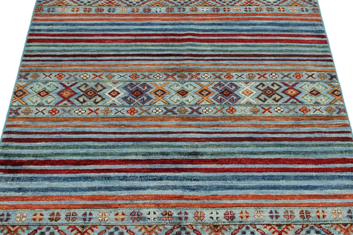 4x5 Blue and Multicolor Tribal Rug