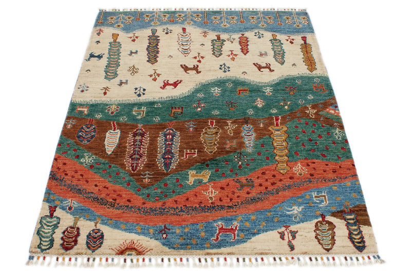 4x5 Beige and Multicolor Anatolian Traditional Rug